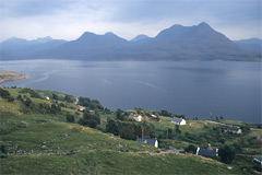 Looking over Upper Loch Torridon at Inveralligin, to Sgurr na Bana Mhoraire and Beinn Damh.